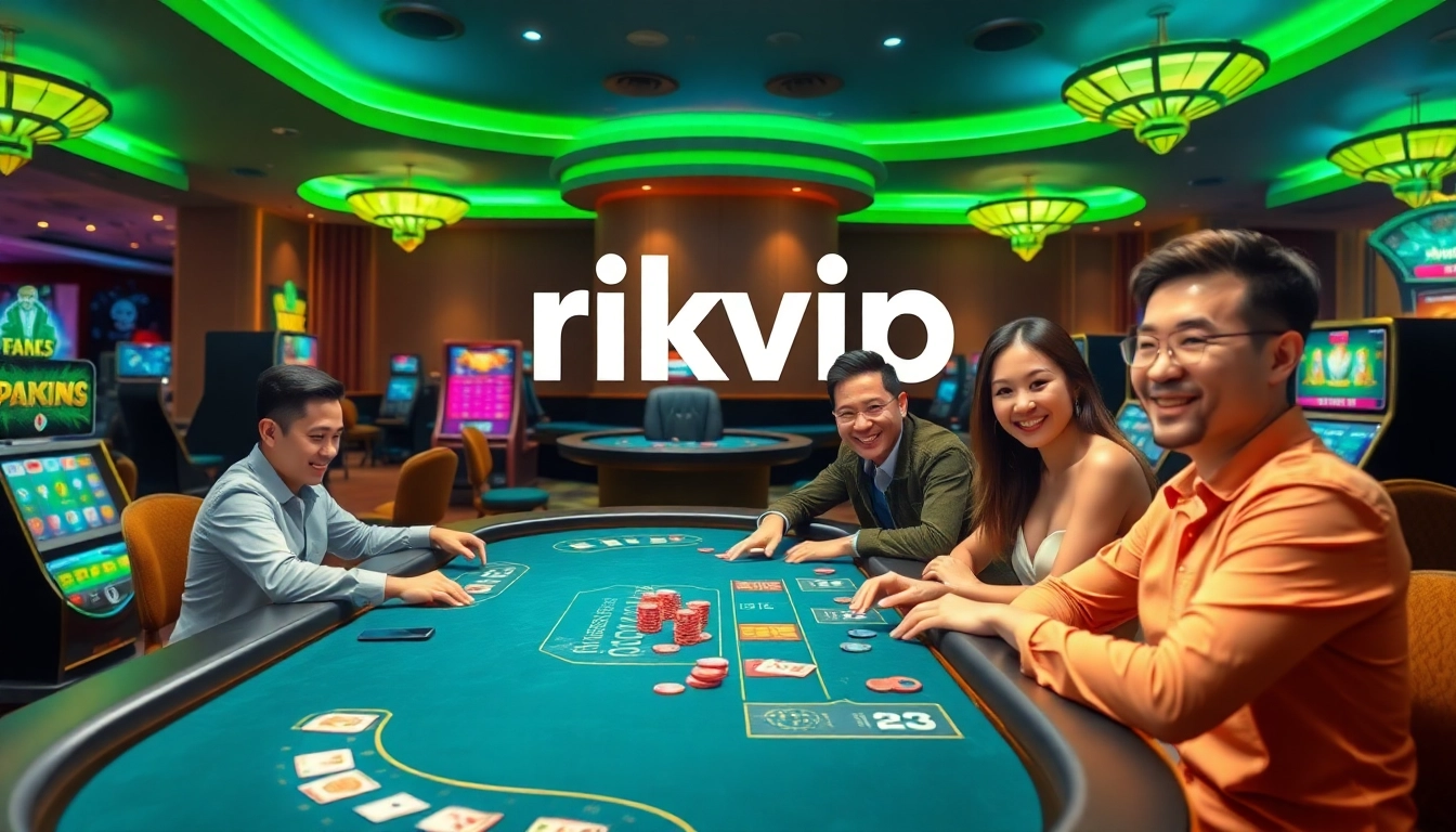A vibrant online gambling scene featuring rikvip with poker tables, slot machines, and cheerful players.
