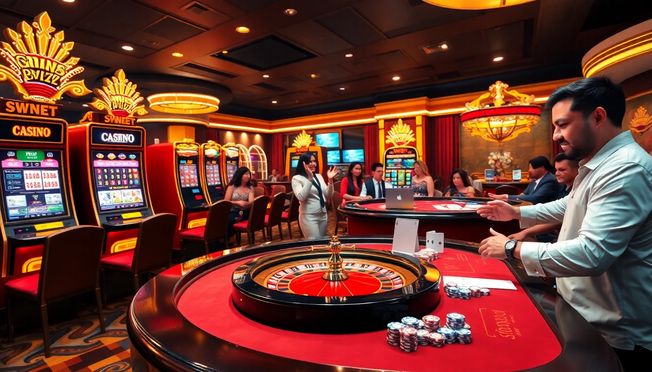 Players engaging in thrilling games at a vibrant casino scene featuring https://winvn.wiki slot machines and poker tables.