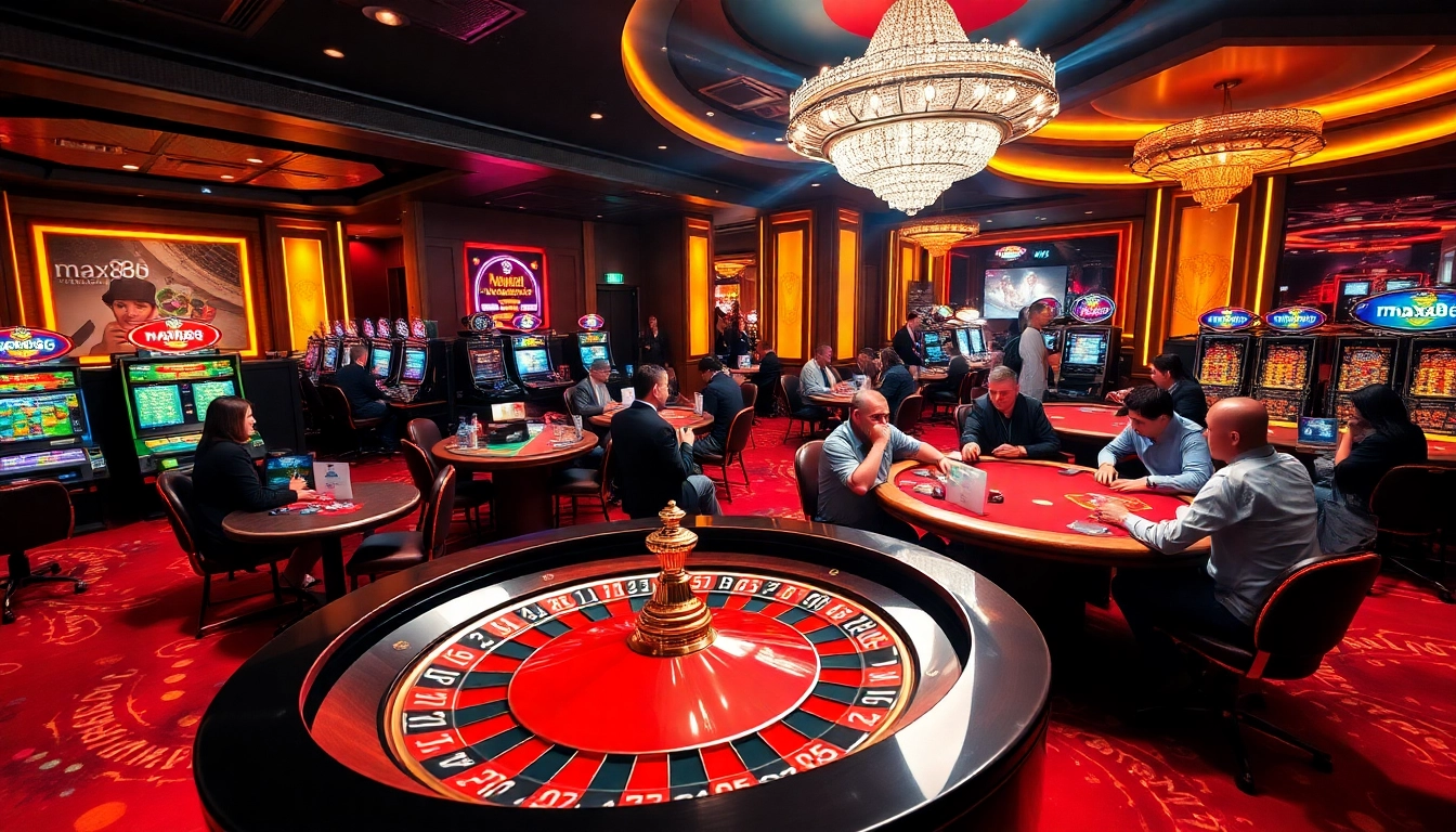 Experience exciting moments at max88 with vibrant casino tables, roulette wheels, and colorful chips.