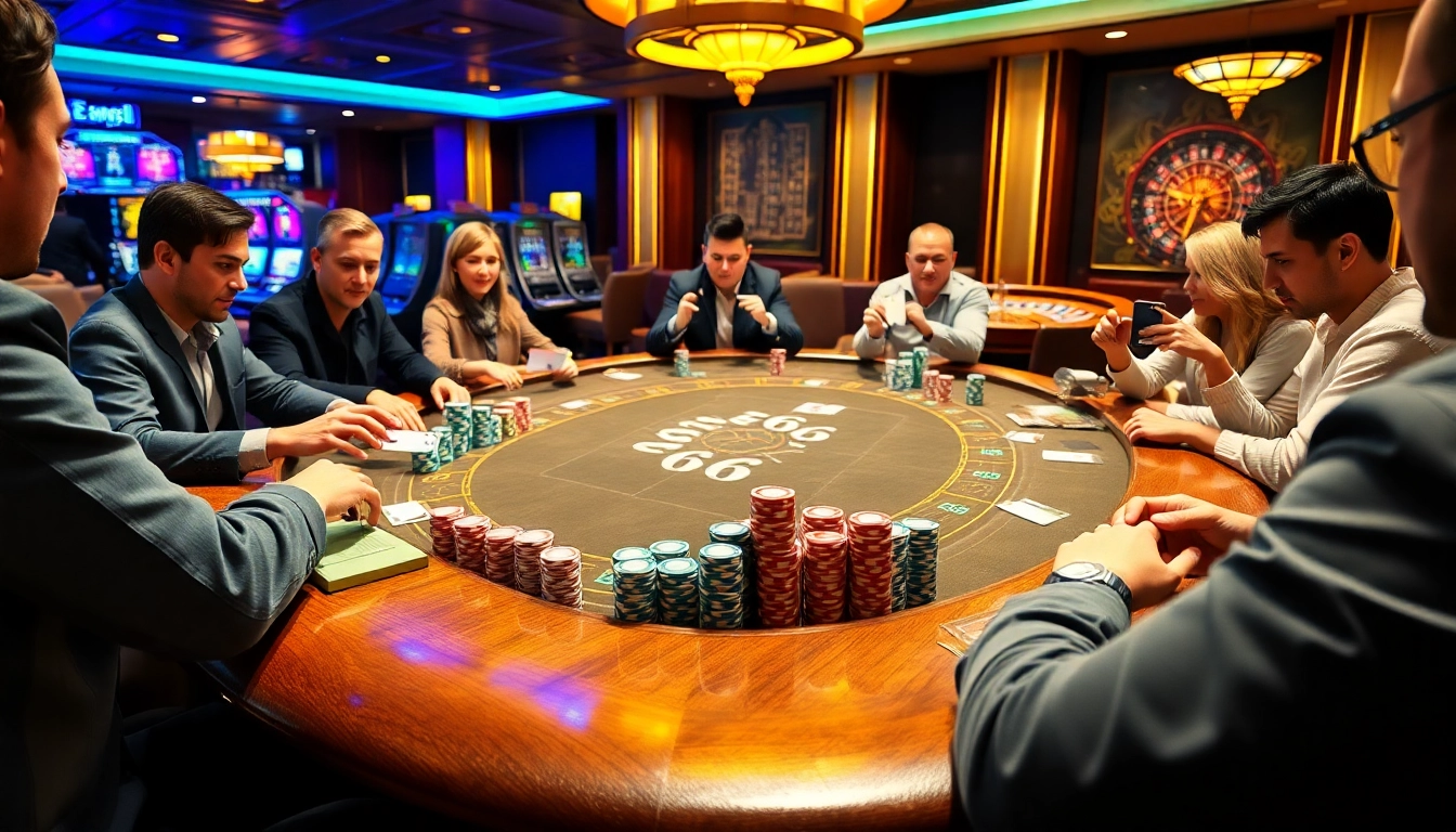 Players enjoying a thrilling poker game at an MB66-themed casino table, surrounded by vibrant chips.