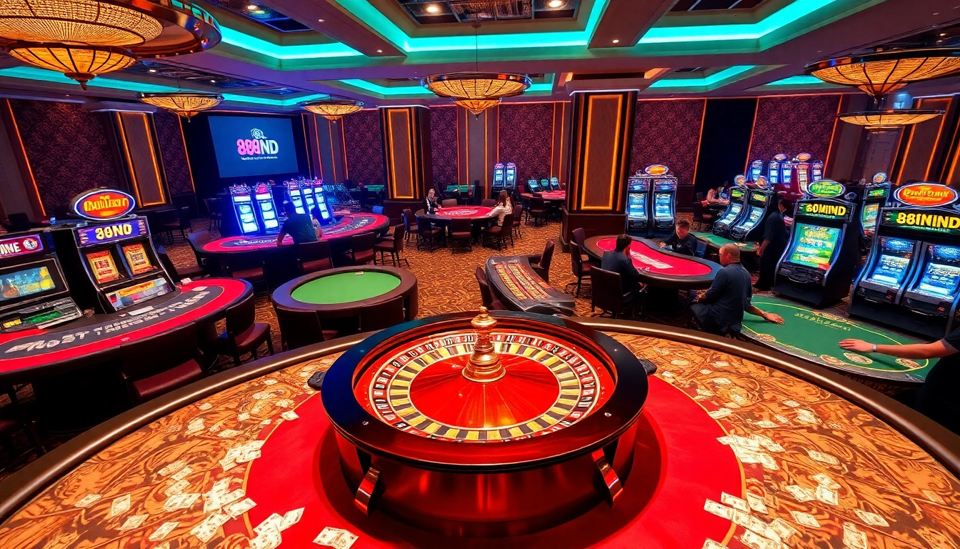 Experience thrilling gameplay at 888vnd's vibrant casino featuring roulette wheels and poker tables.