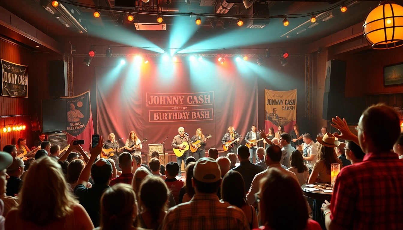 Experience the lively atmosphere of a Johnny Cash birthday bash at johnnycashbirthday.com with fans enjoying live music.