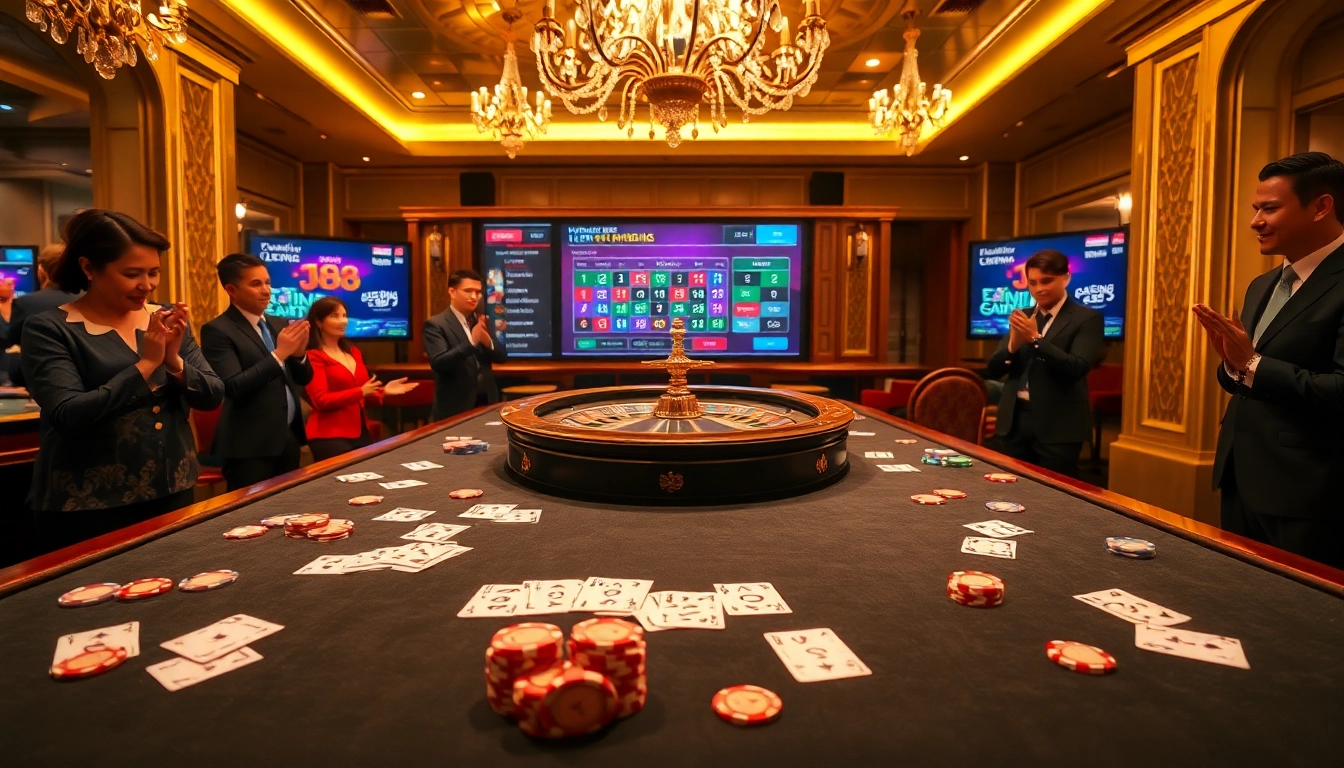 Players enjoying a thrilling j88 poker game at a luxurious casino table with vibrant colors.