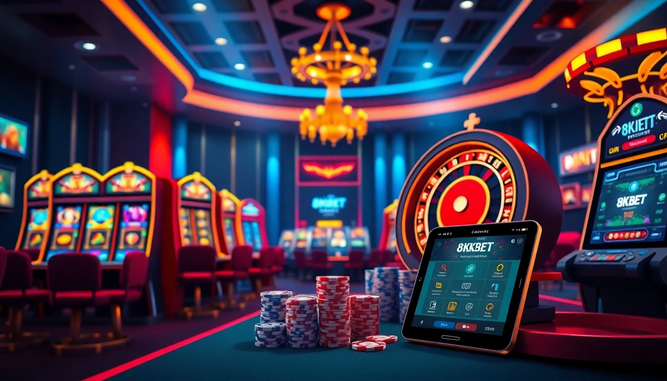 Tải app 8KBET with animated slot machines, roulette wheels, and vibrant poker chips.