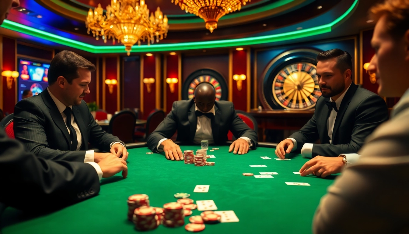 TG88 poker players strategizing at a luxurious casino table surrounded by chips and cards.