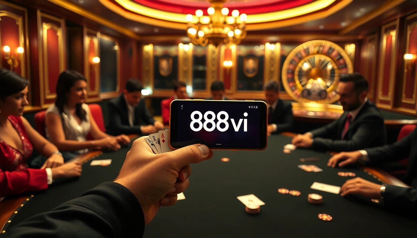 Players enjoy an exciting poker game at 888vi's luxurious casino table, surrounded by vibrant chips and cards.
