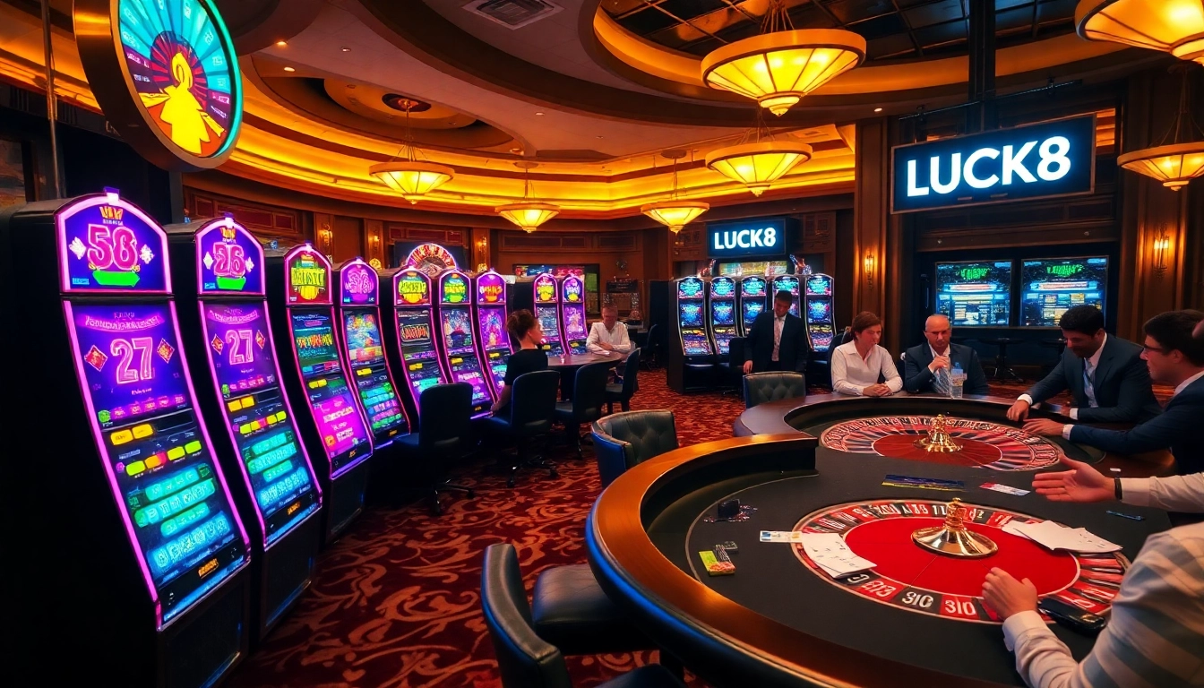 Engaging casino scene showcasing LUCK8 with vibrant slots and active poker table.