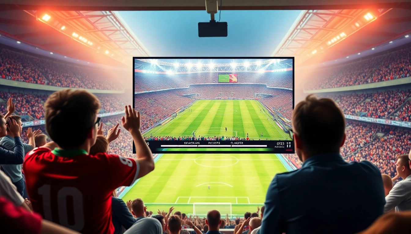 Watch live soccer on joemadfan.com with a vibrant match scene showcasing fans and a streaming interface.