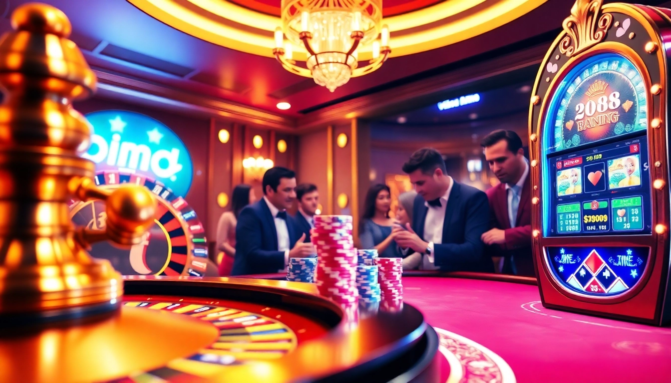 Experience the thrill of gambling at tr88 with a luxurious casino scene showcasing roulette and poker.