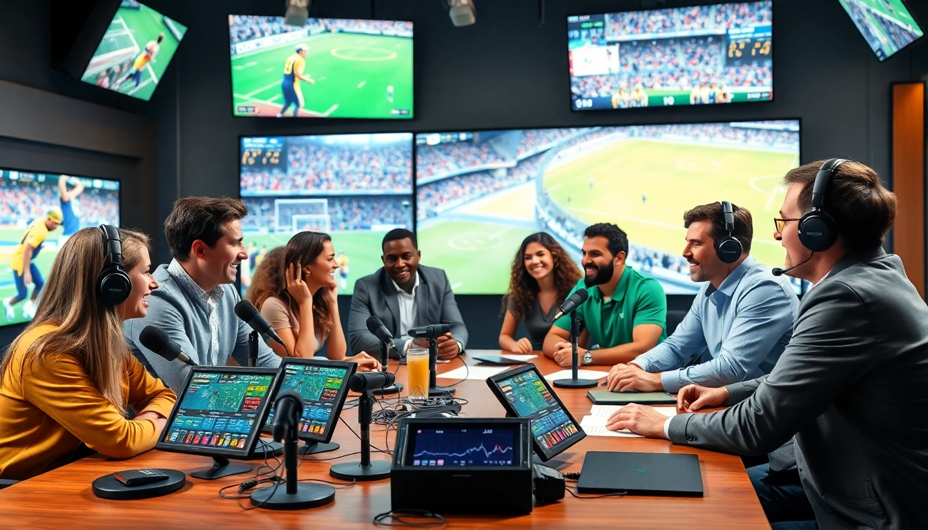 Sports Broadcasting professionals engaging in lively discussions in a modern studio