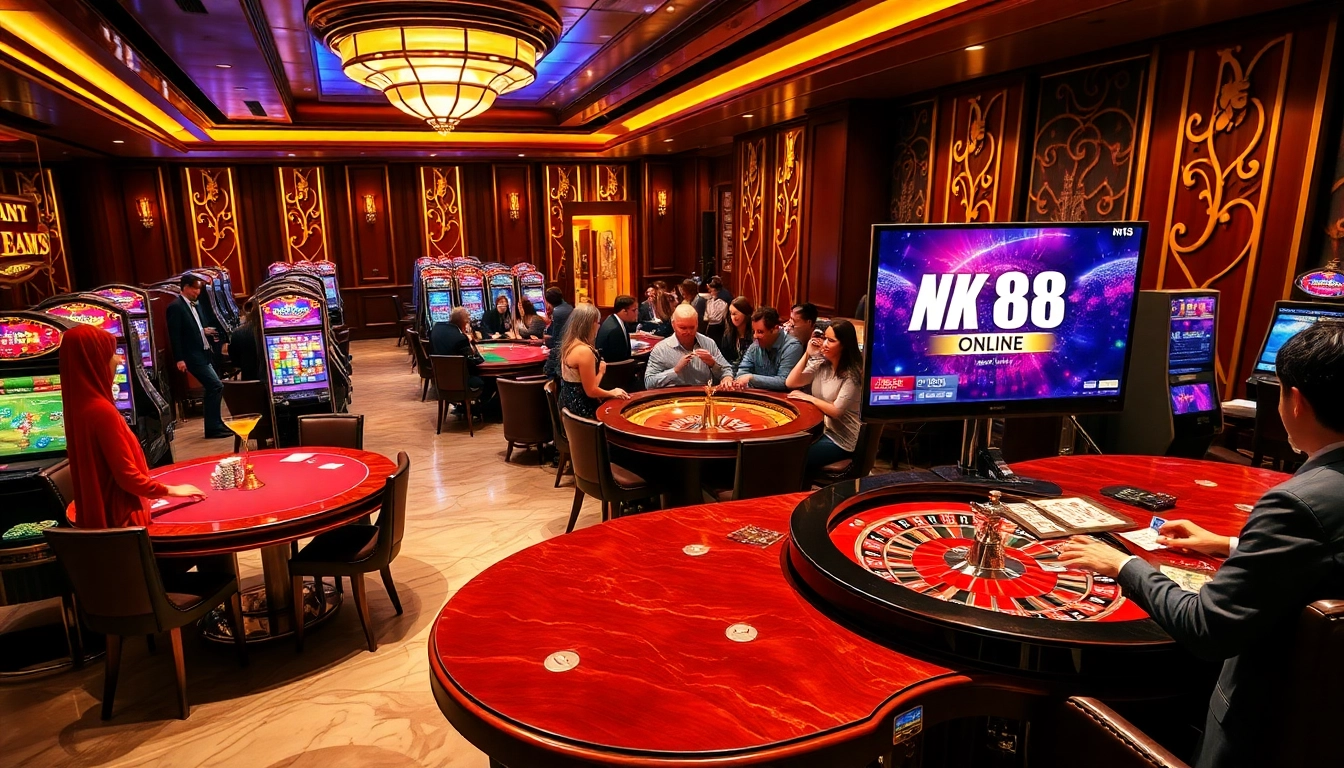 Navigating the exciting world of NK 88 casino games with players at the table and vibrant slot machines.