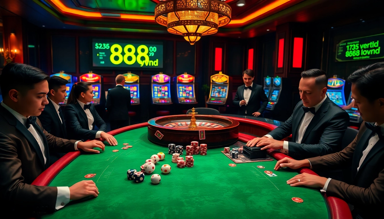 Players engaging in high-stakes poker at a luxurious casino, showcasing 888vnd in action.